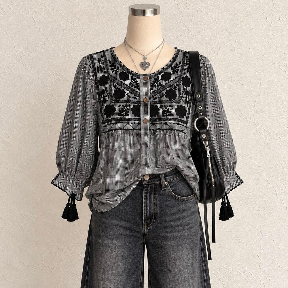 Sister Mary Embroidered Plaid Babydoll Tunic Blouse Boho Twee Indie Folk Sz. XS
